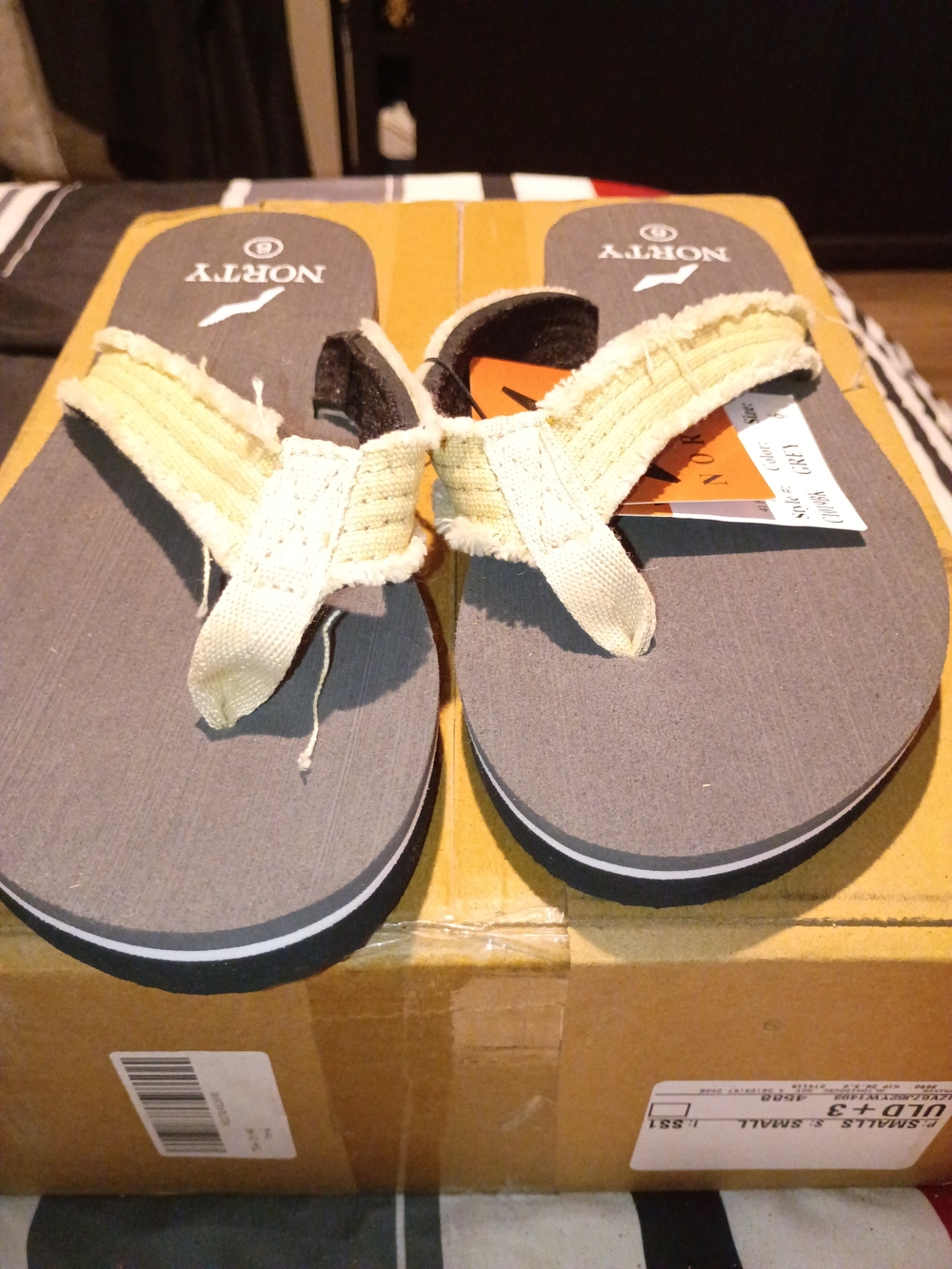NOR Boys Beige Canvas Flip-Flops with Gray Footbed.